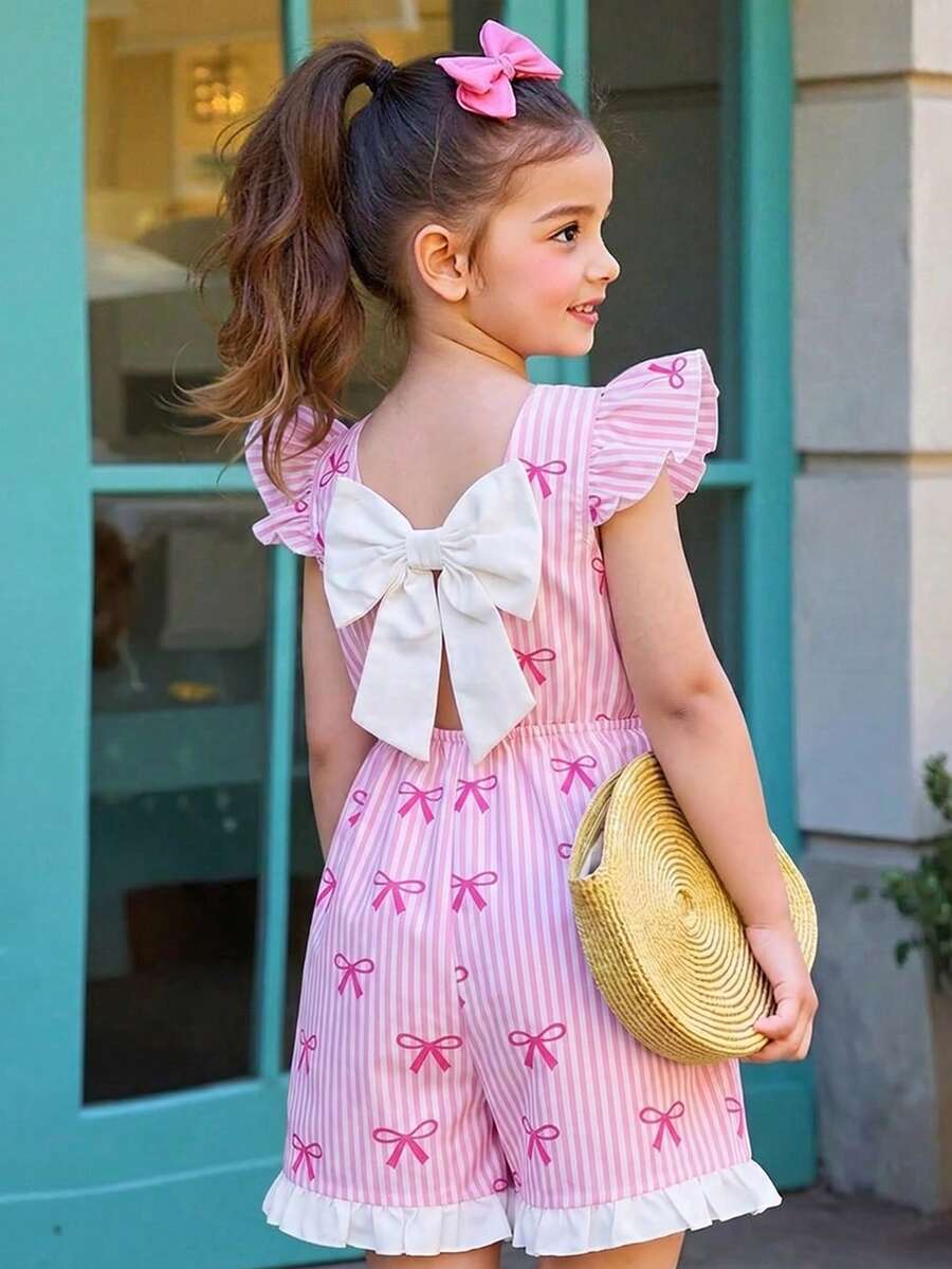 Elladie kids 女童条纹荷叶袖蕾丝边连体衣，夏季优雅舒适童装，时尚无袖连体裤，条纹蝴蝶结装饰短袖可爱连体衣，女童蝴蝶结针织腰带和数码印花白色蕾丝，彩色连体短裤适合夏季茶话会、春季节日和各种活动