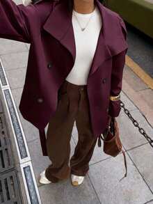 Elyressa Women's Solid Color Raglan Sleeve Tie-Waist Casual Trench Coat - Red Violet - View 3