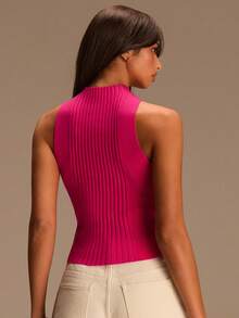 Athîral Women's Pink Ribbed Knit Top, Halter Neck Summer Chic Vacation Fashion Top, Casual Sexy Versatile Daily Wear One Sided Country Concert Going Out - Hot Pink - View 2