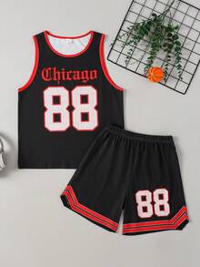 SHEIN 2pcs Tween Boy Casual Loose Sports Letter Print Tank Top And Shorts Set, Suitable For Commuting, School, Daily Casual Wear, Sports, Spring/Summer - Black - View 6