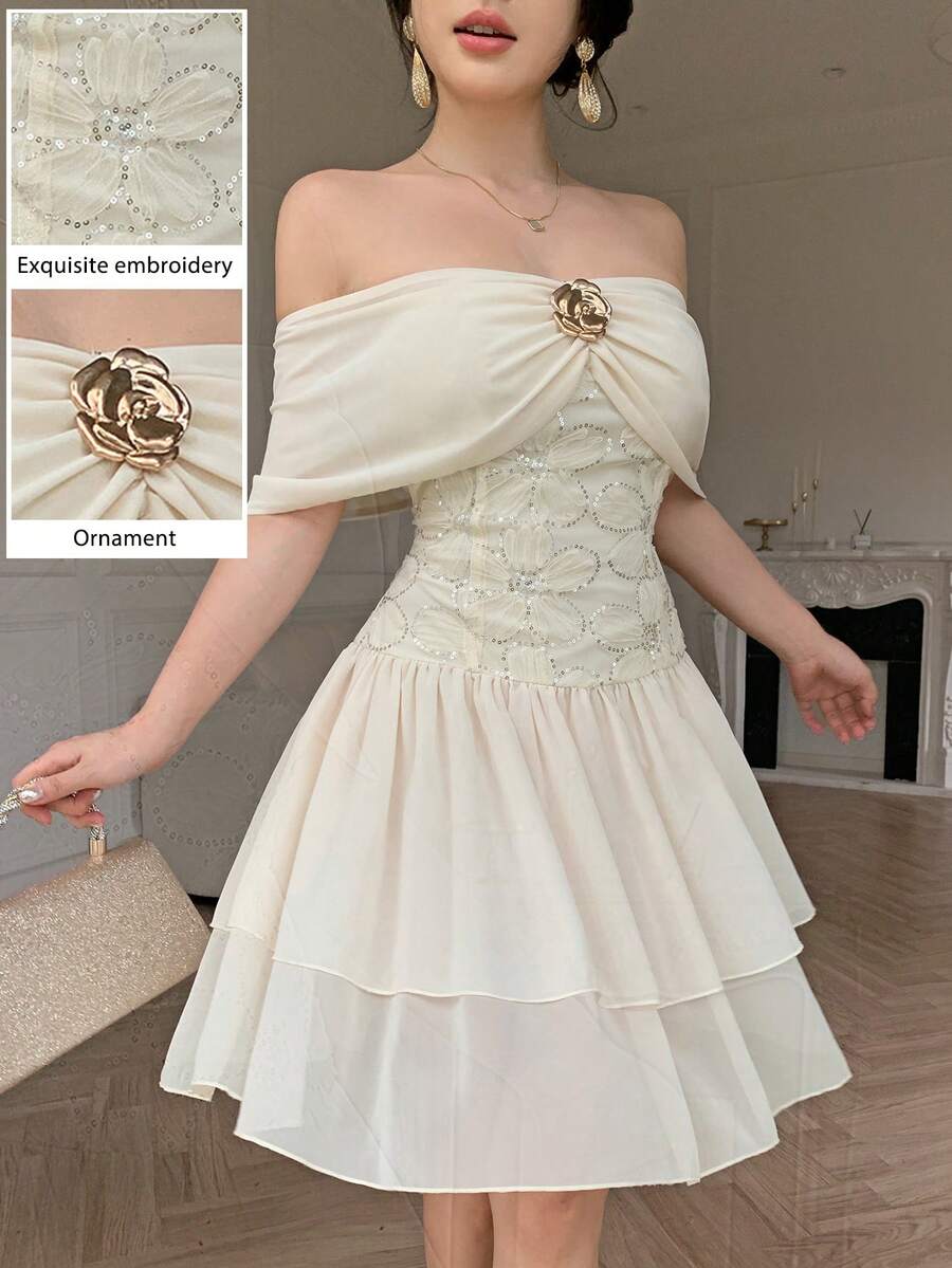 Modelyn Đầm ngắn lãng mạn thắt eo ngọt ngào dành cho phụ nữ - Màu be - Xem 1