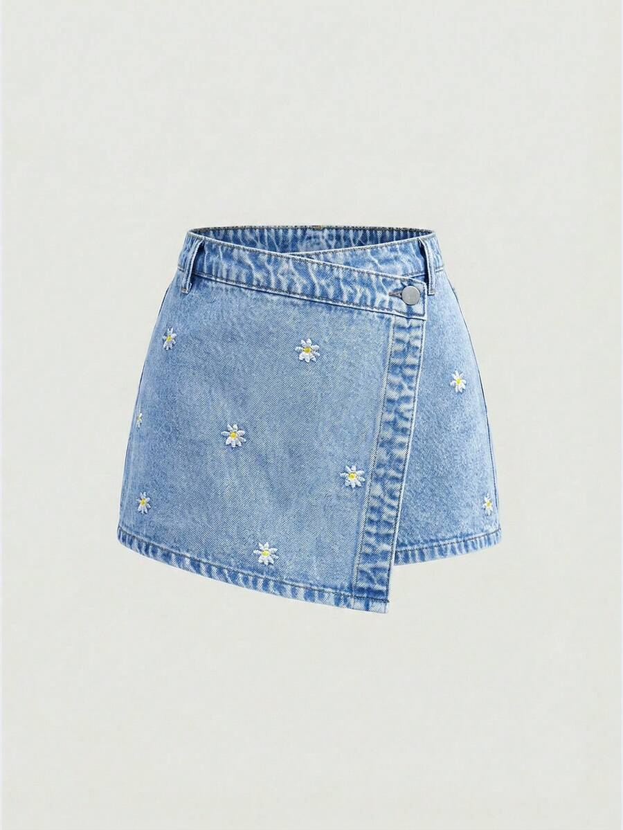 SHEIN Váy quần denim cạp lệch bất đối xứng phong cách Y2K cho bé gái tuổi teen, trang phục mùa hè cho nữ. - Màu xanh lam - Xem 1