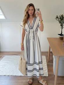 Easowa 女士休闲条纹V领收腰长连衣裙，夏季 - 黑與白 - 查看 4