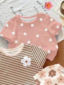 SHEIN LMoss Kids 3件套女婴可爱花卉系列奶油白、棕色条纹、粉色基础款圆领短袖T恤，休闲百搭，适合日常穿着、居家、度假、假日穿着，轻松舒适，可叠穿，时尚百搭，花卉图案，秋冬时尚，新款 - 彩色 - 查看 4