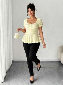 Elenzga Plus Size Women Elegant Casual Commute Versatile New Square Collar Flared Hem Short Sleeve T-Shirt, Spring/Summer - Pale Yellow - View 6