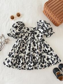 SHEIN 女婴/幼儿女童优雅度假风黑色碎花泡泡袖连衣裙，公主裙，女婴夏季服装 - 黑色 - 查看 2
