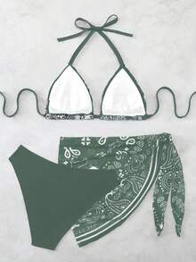 Swim Vcay Plus Size Women 3pcs Halter Backless Printed Bikini Set With Mesh Short Apron, Vacation Swimwear - Multicolor - View 2