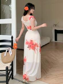 YkhahaYkhahaCelisse Vestido con cuello cruzado, estampado de malla y drapeado para mujeres, ideal para vacacionesYkhahaYkhaha - Albaricoque - Ver 3