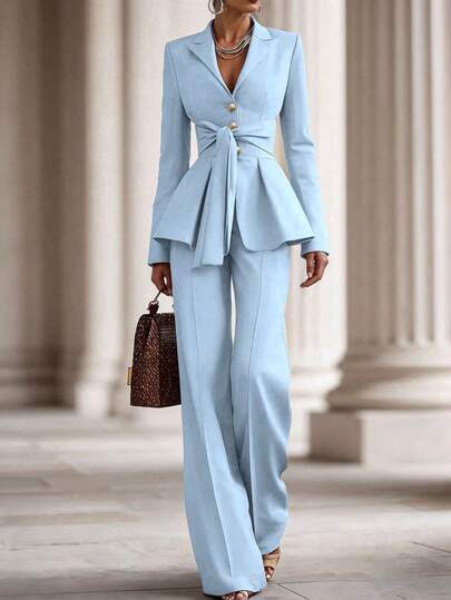 Ellegaria. Women's Solid Color Knotted Waist Long Sleeve Jacket And Pants Casual Suit, Suitable For Commuting And Daily Wear