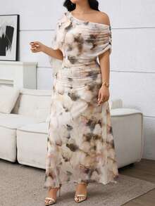 Vestido asimétrico de hombro con estampado minimalista de talla grande - Multicolor - Ver 5
