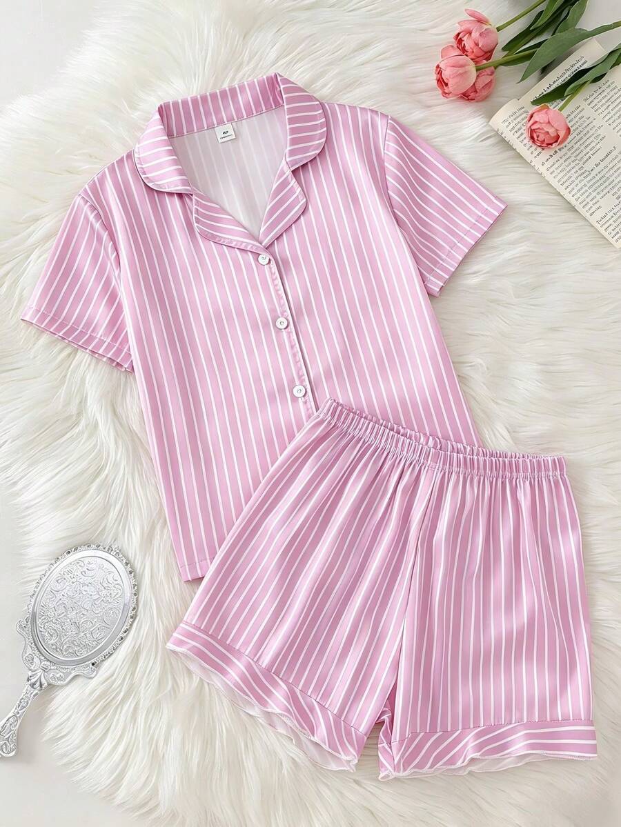 Girls' Pink And White Striped Faux Silk Pajama Set,Cute Summer Sleeping Loungewear,Collared Button-Front Top & Ruffle Hem Shorts Comfortable For Daily - Mauve Purple - View 1