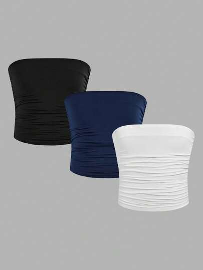 Girlism Teen Girl Solid Color Black/White/Blue Ruched Cropped Camisole Tube Top Set Teen Navy Blue Tube Top Strapless Tops 3 Pack Tops Tube Tops Women,Kids