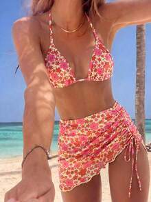 Swim Mod 女士夏季泳装三件套，碎花系带比基尼上衣搭配抽绳沙滩裙，甜美沙滩装 - 彩色 - 查看 4