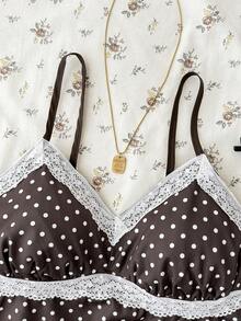 SHEIN 少女蓝白波点蕾丝吊带背心，优雅白色蕾丝边吊带背心，适合夏季、度假、休闲、居家穿着，波西米亚风格 - 棕色 - 查看 3