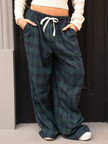 juhmazzocco Pantaloni largi de damă în carouri, verde, albastru, potriviți pentru toamnă/iarnă - Multicolor - Vizualizare 4