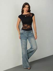 SHEIN Tall 女士撞色蕾丝连体衣，短袖设计，修身性感 - 黑色 - 查看 4