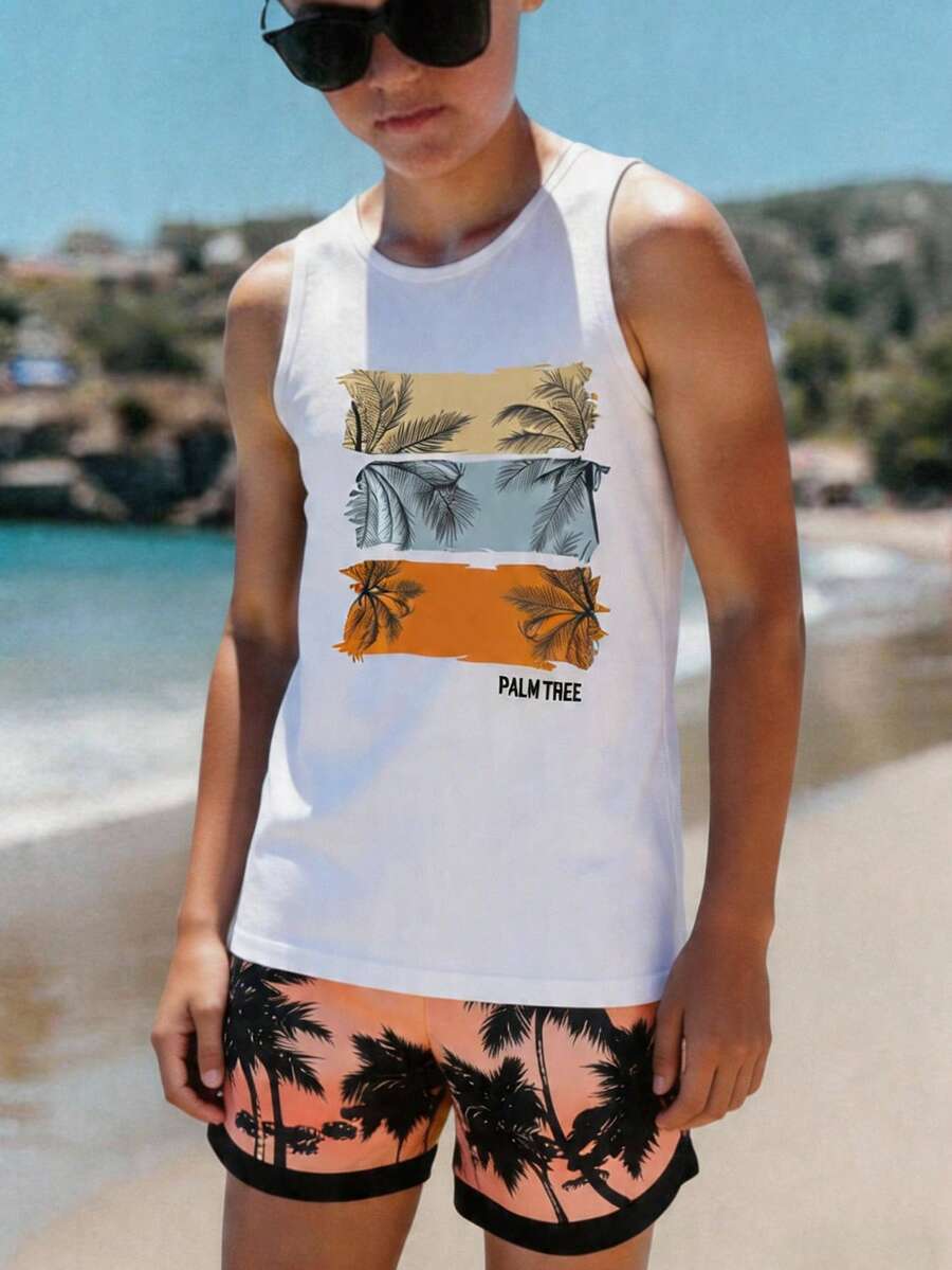 SHEIN 青少年男孩休闲舒适印花背心和针织短裤套装 - 彩色 - 查看 1