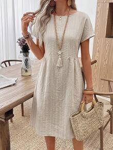 Faunlyn Women's Summer Round Neck Striped Casual Dress - Apricot - View 5