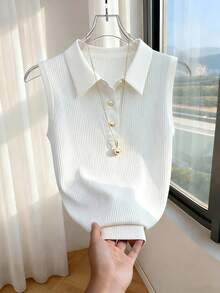 Franclia White Knit Ribbed Sleeveless Vest For Women,Summer Elegant And Classy Collared Top With Pearl Metal Buckle,School Back-To-School Professional Attire - White - View 8