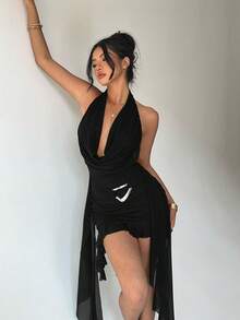Aloruh 春夏新款性感派对音乐节婚礼季海滩度假婚礼季绿色网纱深V露背修身不对称荷叶边迷你连衣裙，圣帕特里克节连衣裙，波西米亚音乐节连衣裙 - 黑色 - 查看 4