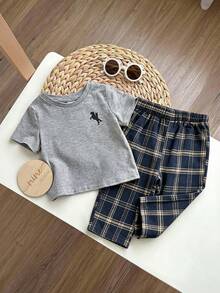 SHEIN Baby Boy Plaid Pattern Pocket Tee And Plaid Shorts 2pcs Pajama Set, Comfortable Casual Sleepwear - Multicolor - View 8