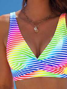Swim Vcay Conjunto de traje de baño de 2 piezas para mujer, Primavera/Verano 2026, Estilo minimalista sexy y estilizador, Colorido y rayado, Fresco y elegante, Perfecto para vacaciones en la playa - Multicolor - Ver 5