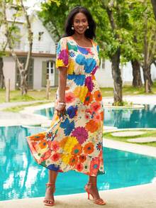 Reflora Vestido plus size de tecido plano com estampa digital, gola redonda e mangas curtas, ideal para o verão. - Multicolorido - Ver 4