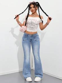 SHEIN PETITE 休閒低腰附腰帶環喇叭牛仔褲，小碼女款 - 淺色水洗藍 - 查看 3