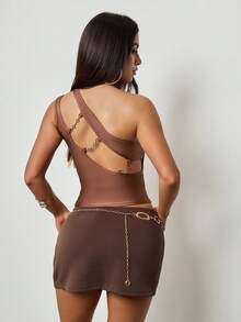 INAWLY Solva Women's Sexy Solid Color Hollow Out One Shoulder Top, Summer - Coffee Brown - View 1