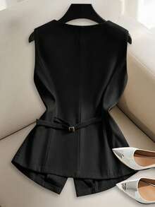 Franclia Áo vest nữ mỏng nhẹ, kiểu dáng thường ngày, cổ tròn, cài cúc đơn, không tay, thích hợp mặc đi làm, mùa xuân/hè. - màu đen - Xem 2