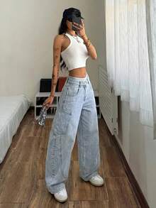 SHEIN Jeans de pierna ancha de uso diario versátil y casual con bolsillos y botones para mujer - Multicolor - Ver 5