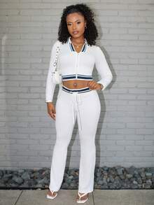 Steph T Bộ 2 áo crop top khóa kéo cổ màu tương phản và quần ống loe ôm vừa vặn, phong cách thể thao thường ngày sang trọng - trắng - Xem 5