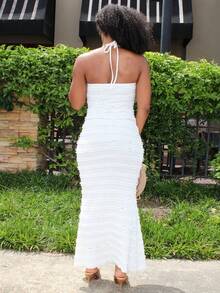 Steph T 女士夏季露背连衣裙，带圆环，荷叶边下摆，款式优雅，女士性感露背，圆环，褶皱无袖露背修身长款咖啡色纯色条纹吊带女式长裙，春夏，休闲日常穿着长款女装 - 杏色 - 查看 2