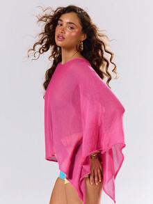 MUSERA 斜领亮片垂褶宽松斗篷上衣，可爱性感，适合夏季春季假期、度假、派对、外出等场合，尽显活力。 - 中紫紅色 - 查看 3