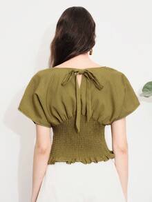 Aveloria Modichic Blusa elegante y minimalista francesa con cuello en V, cintura plisada, volantes y lazo en la espalda a rayas para uso diario y vacaciones - Verde Oliva - Ver 2