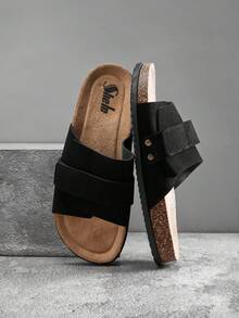 SHUZIA Men's  One-Band Adjustable Suede Black Footbed Slide Sandals – Minimalist, Versatile & Comfortable - Black - View 2
