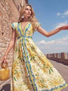 Anewsta New Arrival Romantic & Retro Yellow & Blue Floral Print V-Neck Cinched Waist Dress, Relaxed Vacation Vibe Long Holiday Dress - Yellow - View 7