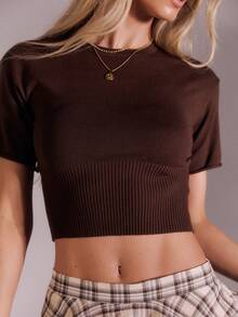 Aralina Women's Dark Brown Jersey Knitted Top,Autumn Chic Everyday Boat Neck Short Batwing Sleeves Cute Cinched Waist T-Shirt Old Money Style Top - Brown - View 4