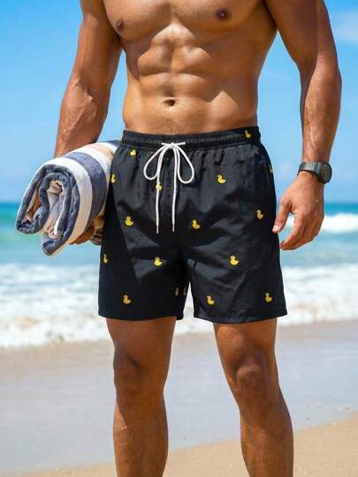 Manfinity Swimmode Quần short đi biển nam cỡ lớn in hình vịt hoạt hình, cạp chun, kiểu dáng thường ngày, có dây rút.