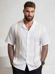 Manfinity Homme Camisa de manga corta con parches tejidos para hombres de talla grande, camisa casual versátil de estilo de una sola hilera con doble pliegue simétrico para vacaciones, oficina, fiesta o cena, mejor regalo para novio o esposo - Blanco - Ver 3