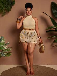 Maweii Ensemble élégant bohème 2 pièces pour femmes,Top dos nu à sequins tricoté avec col ras-du-cou & Mini-jupe ajourée à franges,Accents dorés Tenue de vacances d'été - Nude - Voir 6
