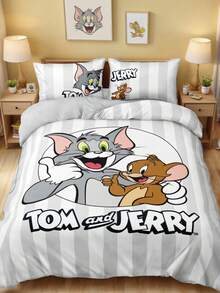 TOM & JERRY X SHEIN 3Pc Gray Striped Full Print Pattern Quilt Cover Set (1 Quilt Cover + 2 Pillowcases Without Core), Mouse And Cat Pattern, Microfiber Material, Soft And Warm, Multiple Sizes, Suitable For Single Bed/Double Bed/Queen Bed/King Bed, Retro Bedding, Cute Decoration - Light Grey - View 2