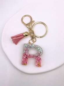可爱闪亮粉色字母钥匙扣，大写字母箔树脂钥匙扣吊坠，带流苏吊坠，时尚钥匙扣，女士礼物，钱包和包包装饰，父亲节、母亲节、生日礼物、感恩节和圣诞节节日礼物 - 芭比粉 - 查看 28