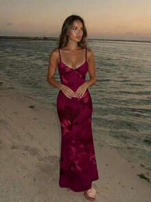 Aloruh 女士度假风吊带系带印花紧身连衣裙，春夏款 - 酒紅色 - 查看 10