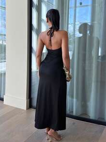 leahseptember 1pc Women's Solid Color Knit Halter Backless Dress,Dresses For Women Elegant,Dresses For Women Elegant,Black Dress Party - Black - View 2