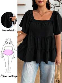 Enliva Blusa de talla grande con cuello cuadrado, ajuste holgado, volantes en capas y manga corta, para Body tipo manzana y redondeado - Negro - Ver 1