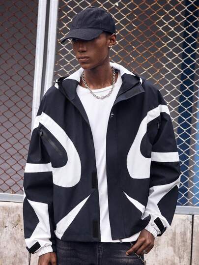 EVRINFINITE Contrast Color Patchwork Design Men's Hooded Long Sleeve Jacket, Rain Windbreaker Y2k Jacket