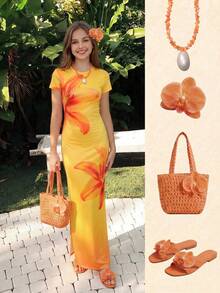 SHEIN ChillGRL Đầm hè tay ngắn dài đến đầu gối, kiểu dáng tối giản, dễ phối đồ, dành cho bé gái tuổi teen, chất liệu co giãn, màu vàng, thích hợp cho kỳ nghỉ. - màu đen - Xem 1