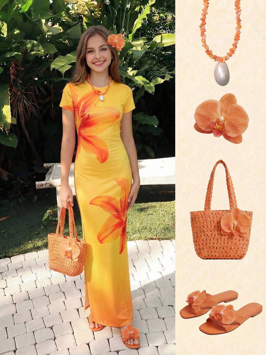 SHEIN ChillGRL Đầm hè tay ngắn dài đến đầu gối, kiểu dáng tối giản, dễ phối đồ, dành cho bé gái tuổi teen, chất liệu co giãn, màu vàng, thích hợp cho kỳ nghỉ. - màu đen - Xem 1