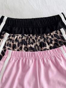 3件套女童（加大码）休闲街头风撞色短裤套装，豹纹印花柔软短裤夏季套装 - 彩色 - 查看 4